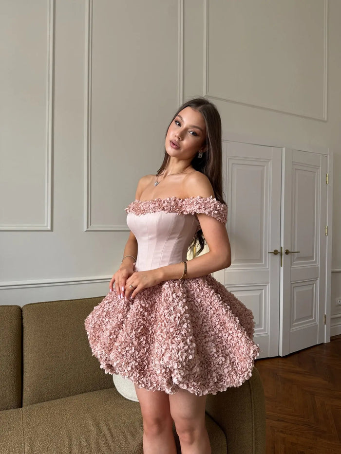 Pink Off-Shoulder Corset Mini Homecoming Dress with 3D Floral Petal RM206 Sheer Fairy