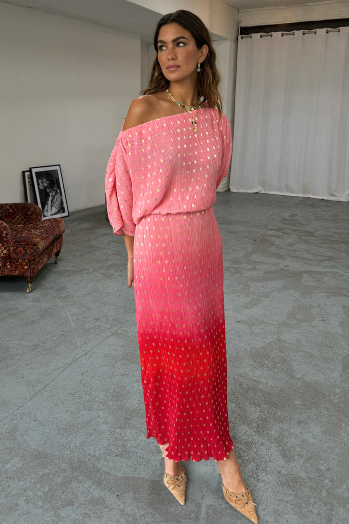 Pink Ombre Tilly Dress in plisse with gold shimmer flecks, featuring an off-the-shoulder neckline and midi length.
