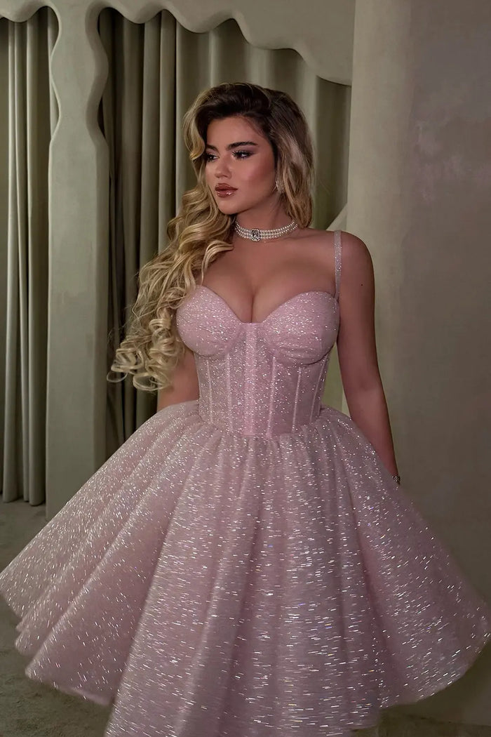 Pink Romantic Glitter Tulle Corset Spaghetti Strap  Homecoming Dress RM237 Sheer Fairy