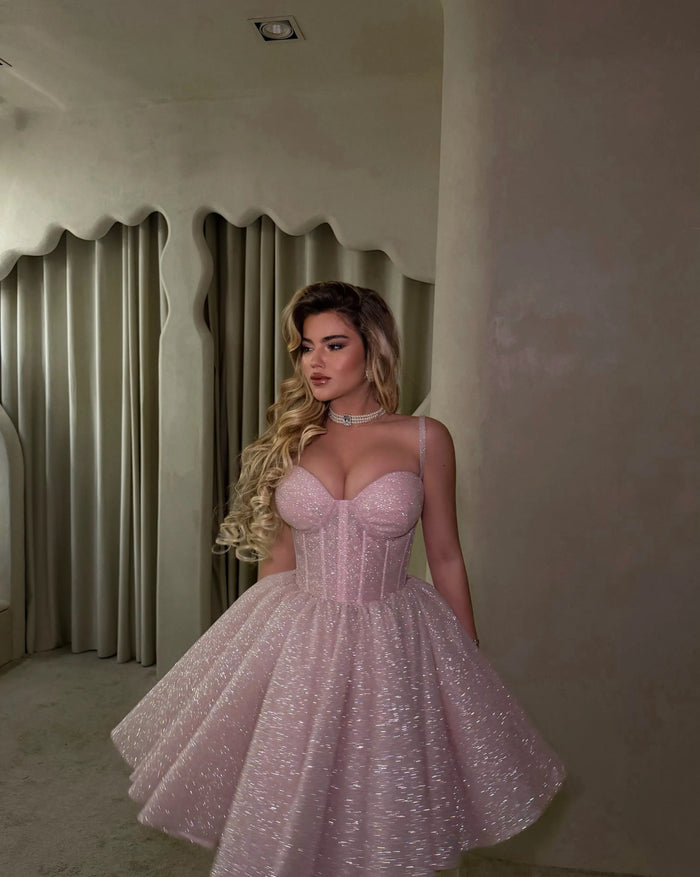 Pink Romantic Glitter Tulle Corset Spaghetti Strap  Homecoming Dress RM237 Sheer Fairy