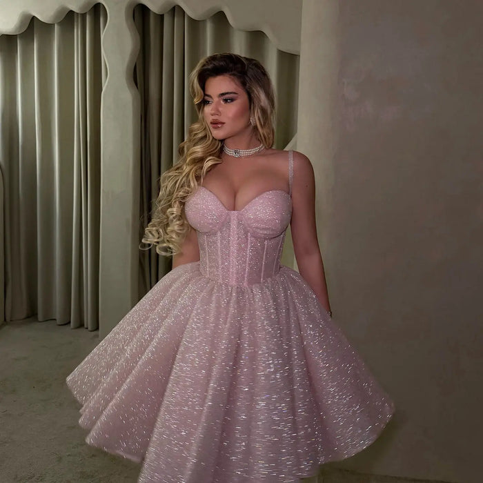 Pink Romantic Glitter Tulle Corset Spaghetti Strap  Homecoming Dress RM237 Sheer Fairy