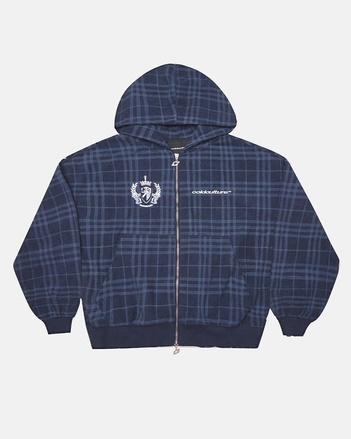 POSH ZIP HOODIE NAVY - navy plaid zip-up hoodie, front view - Cold Culture