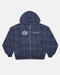 POSH ZIP HOODIE NAVY - navy plaid zip-up hoodie, front view - Cold Culture