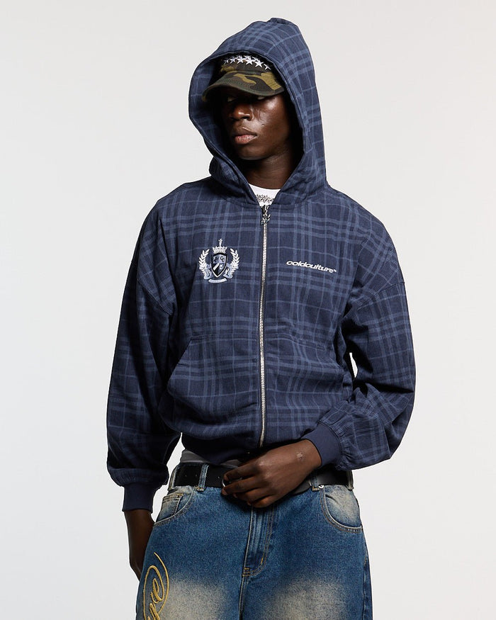 POSH ZIP HOODIE NAVY - navy plaid zip-up hoodie, front view on male model - Cold Culture #man