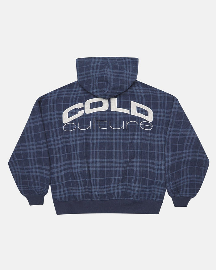 POSH ZIP HOODIE NAVY - navy plaid zip-up hoodie, back view - Cold Culture