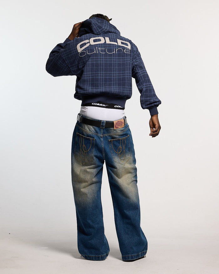 POSH ZIP HOODIE NAVY - navy plaid zip-up hoodie, back view on male model - Cold Culture #man
