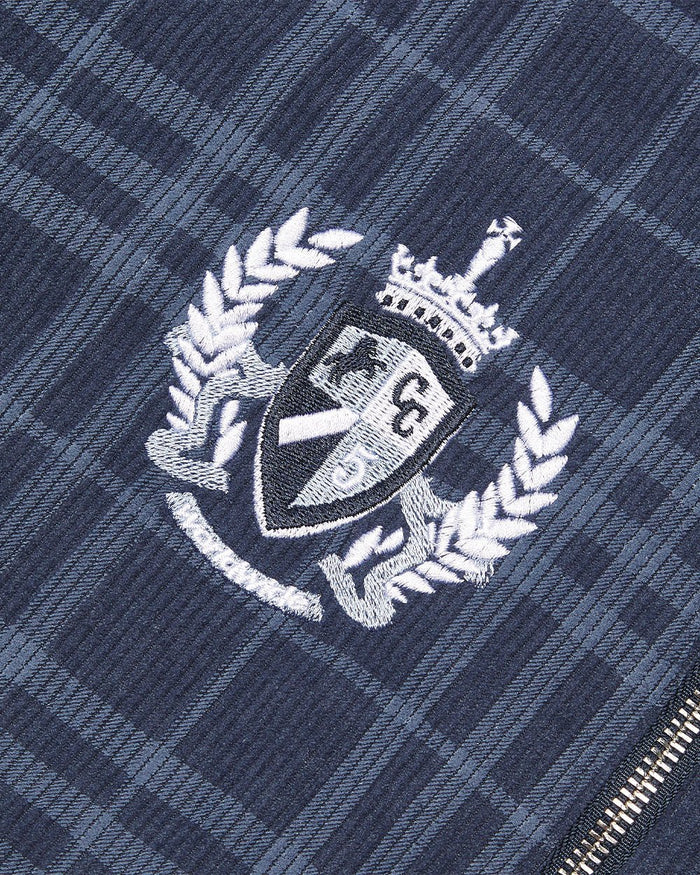 POSH ZIP HOODIE NAVY - navy plaid zip-up hoodie, detail close-up - Cold Culture