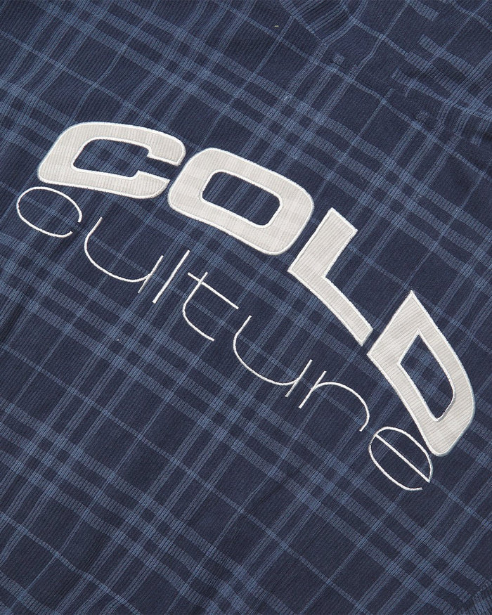 POSH ZIP HOODIE NAVY - navy plaid zip-up hoodie, detail close-up - Cold Culture