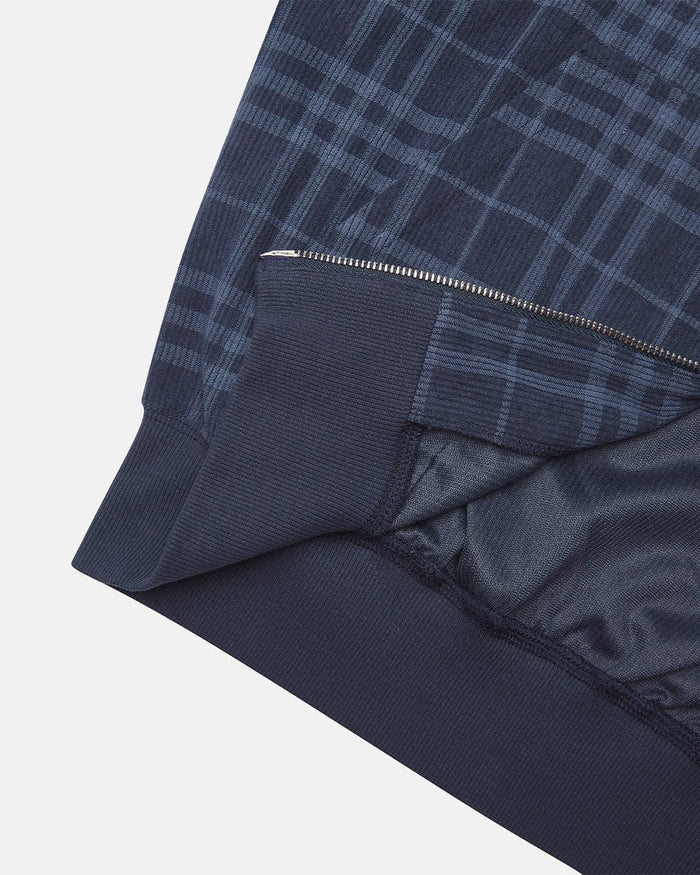 POSH ZIP HOODIE NAVY - navy plaid zip-up hoodie, detail close-up - Cold Culture