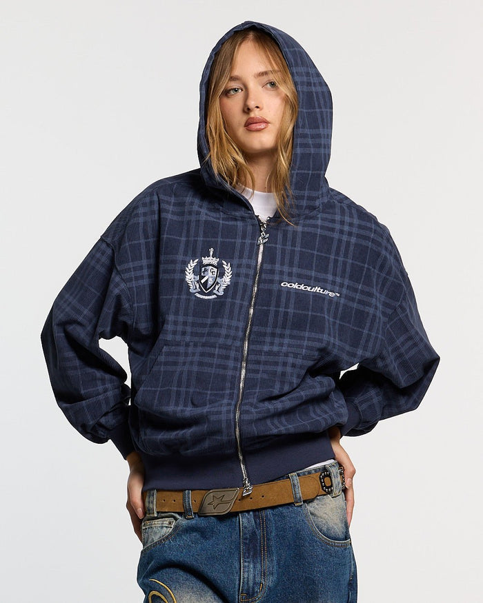 POSH ZIP HOODIE NAVY - navy plaid zip-up hoodie, front view on female model - Cold Culture #woman