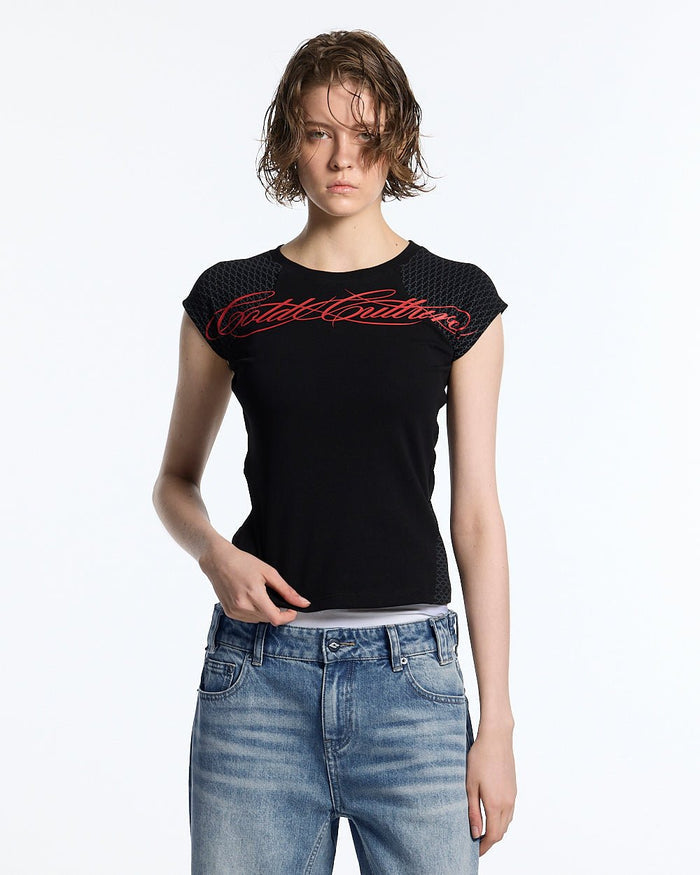 PRETTY BABY TEE BLACK - black script print baby tee, front view on female model - Cold Culture #woman
