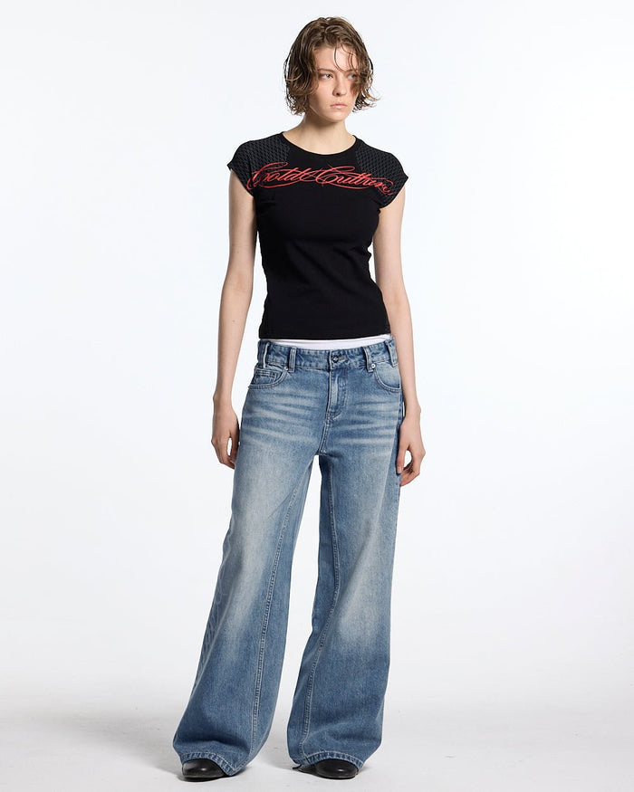 PRETTY BABY TEE BLACK - black script print baby tee, front view on female model - Cold Culture