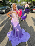 Purple Mermaid Lace Appliques African Prom Dress Evening Dress