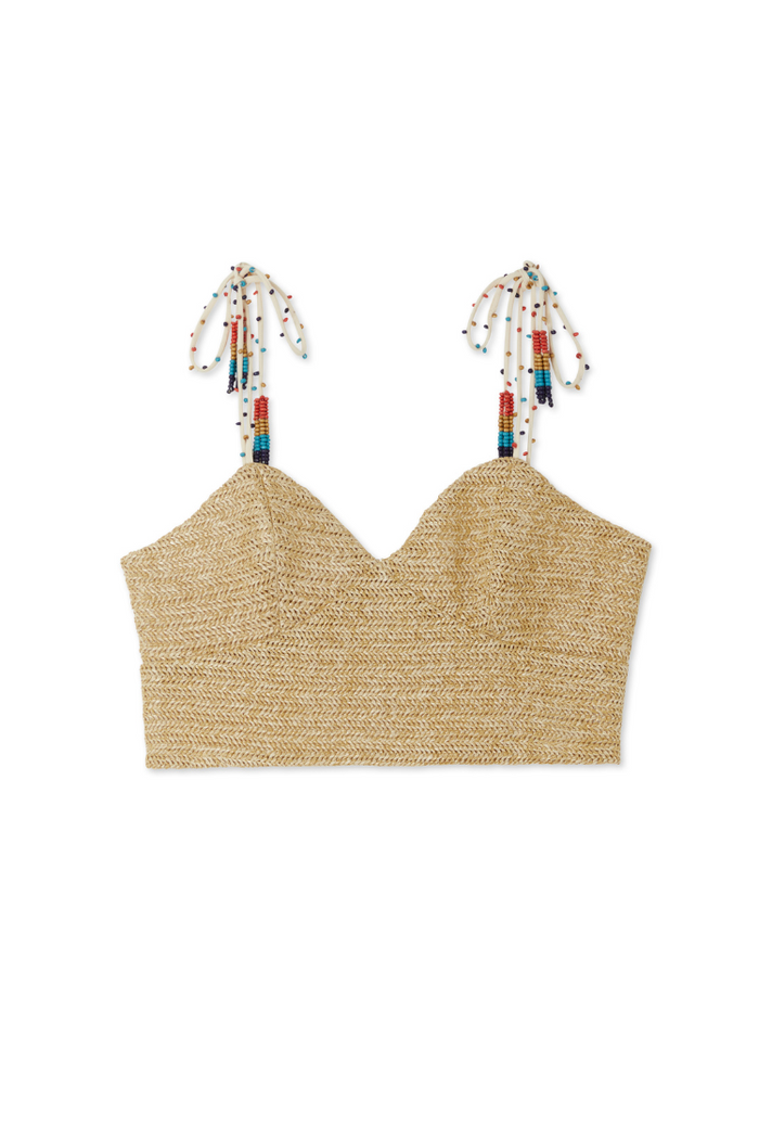 Beige Raffia Cecilia Top with multi-coloured beaded tie straps and a textured woven finish.