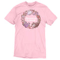 Premium Cotton T-shirt_TeeTurtle light pink Reasons to be Happy apparel featuring the caption, “Reasons to be Happy“ surrounded by a wreath with a cat, tea, flowers, books, butterflies, and strawberries.