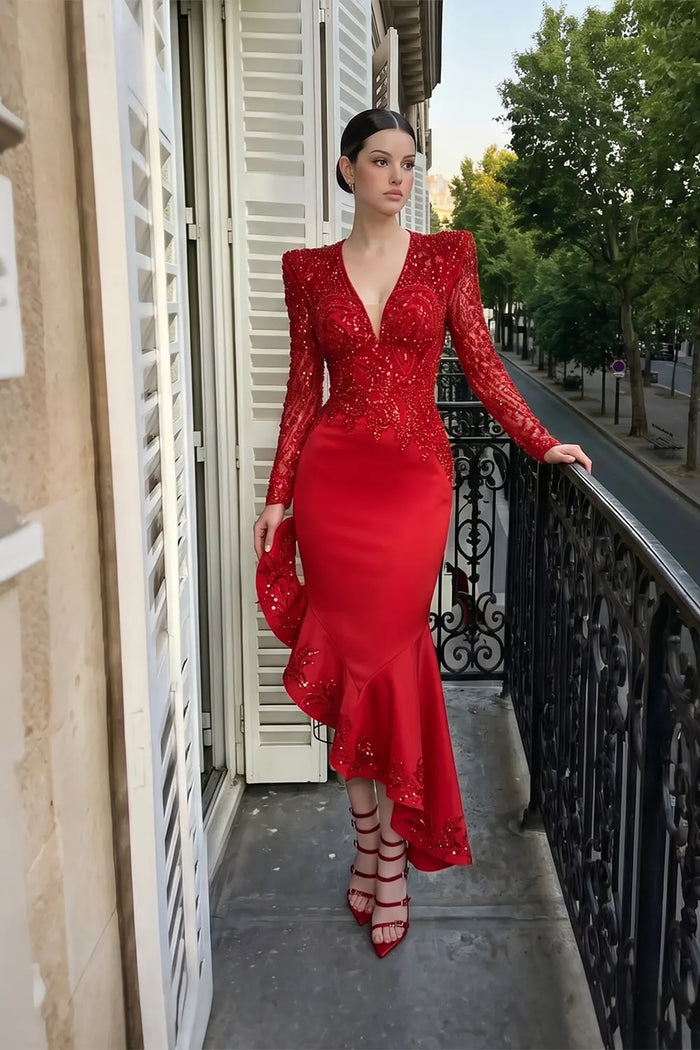 Red Beaded Sequin Asymmetrical Ruffle Midi Dress ST044 Sheer Fairy