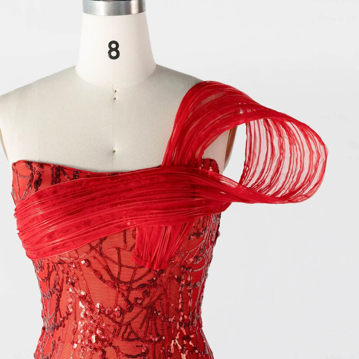 Red Sequin One Shoulder Mini Evening Dress with 3D Sculptural Wave Detail ST015 Sheer Fairy