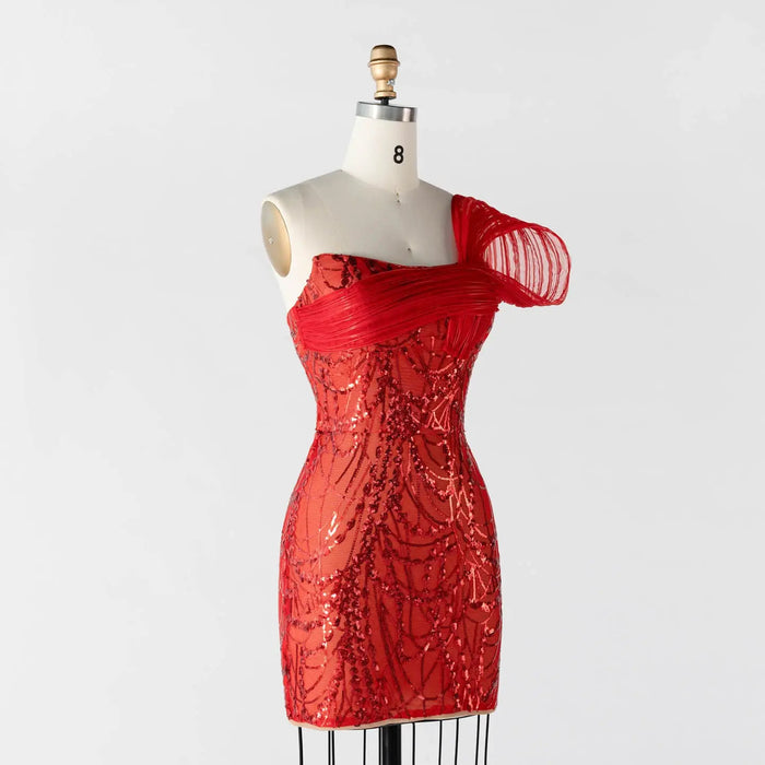 Red Sequin One Shoulder Mini Evening Dress with 3D Sculptural Wave Detail ST015 Sheer Fairy