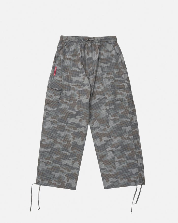 RESERVED CARGO PANTS CAMO - grey camo cargo pants, front view - Cold Culture