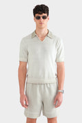 Reverse Printed Open Neck Knit Polo - Washed Beige