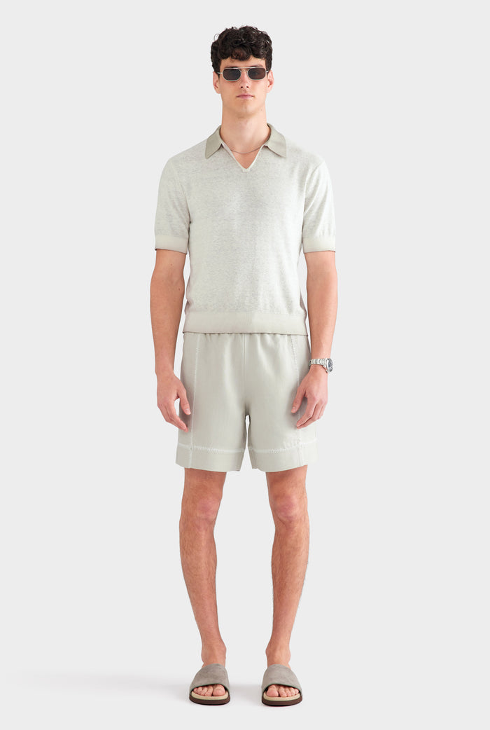 Reverse Printed Open Neck Knit Polo - Washed Beige