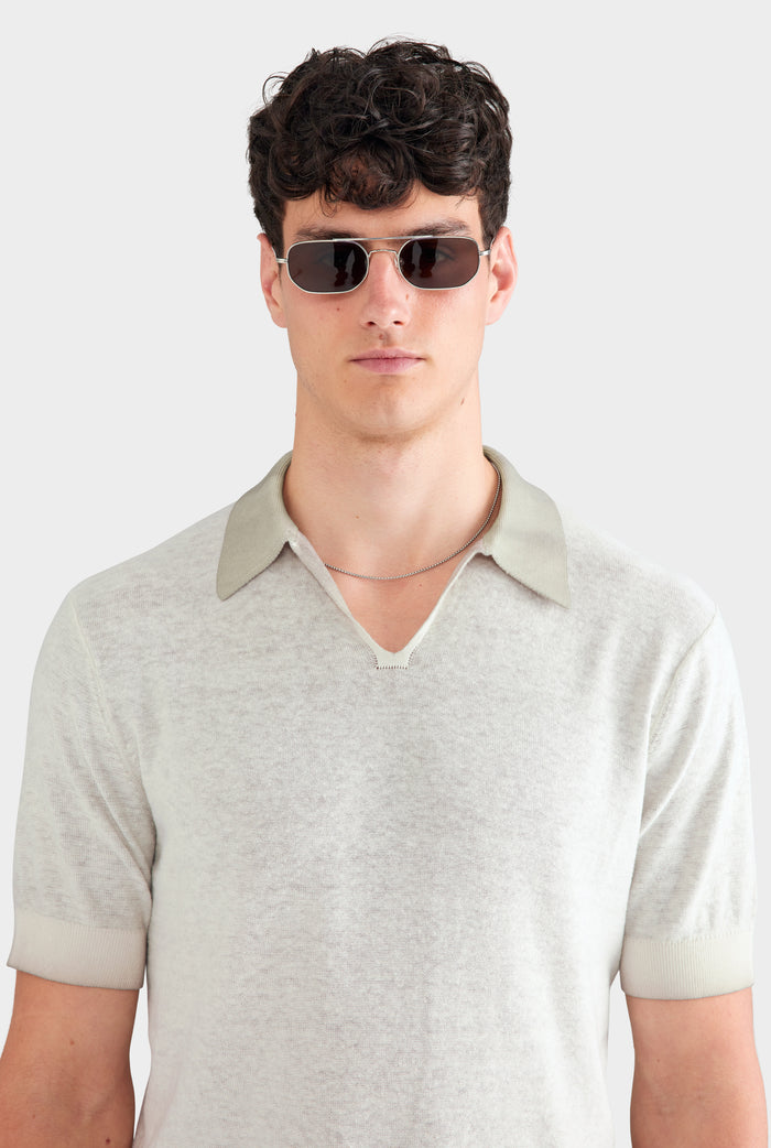 Reverse Printed Open Neck Knit Polo - Washed Beige