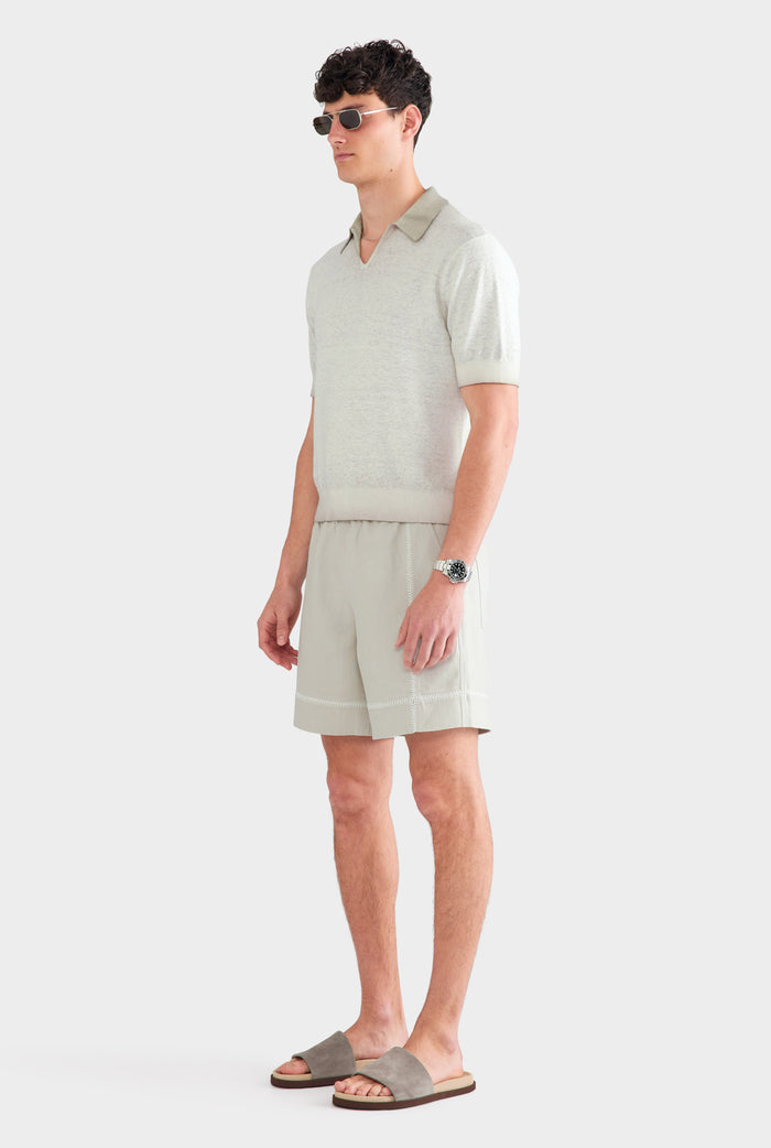 Reverse Printed Open Neck Knit Polo - Washed Beige
