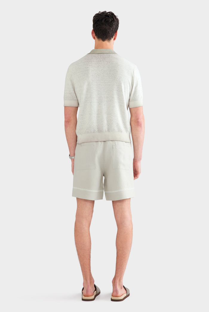 Reverse Printed Open Neck Knit Polo - Washed Beige