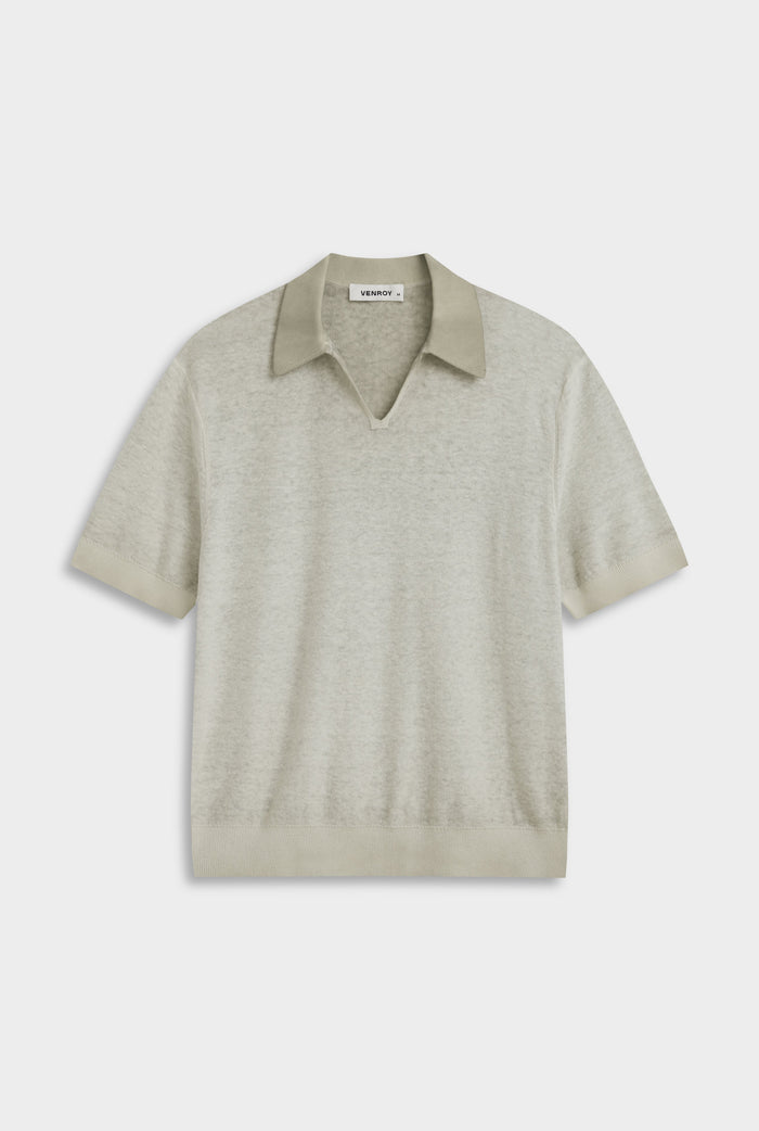 Venroy Reverse Printed Open Neck Knit Polo - Washed Beige