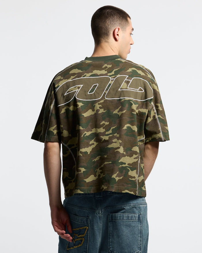 ROLLER TEE CAMO GREEN - green camo tee, back view on male model - Cold Culture #man