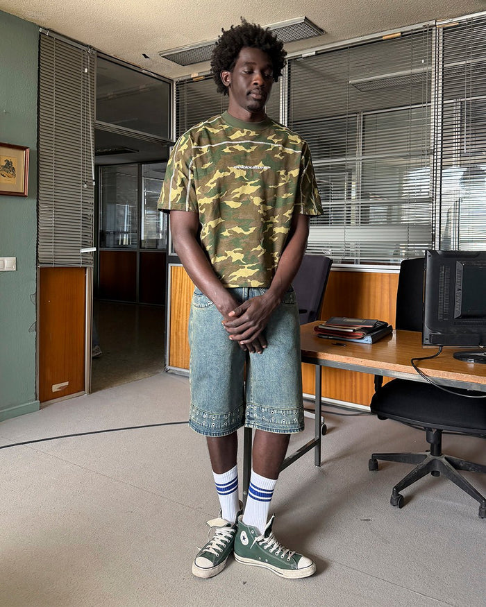 ROLLER TEE CAMO GREEN - green camo tee, street style shot - Cold Culture