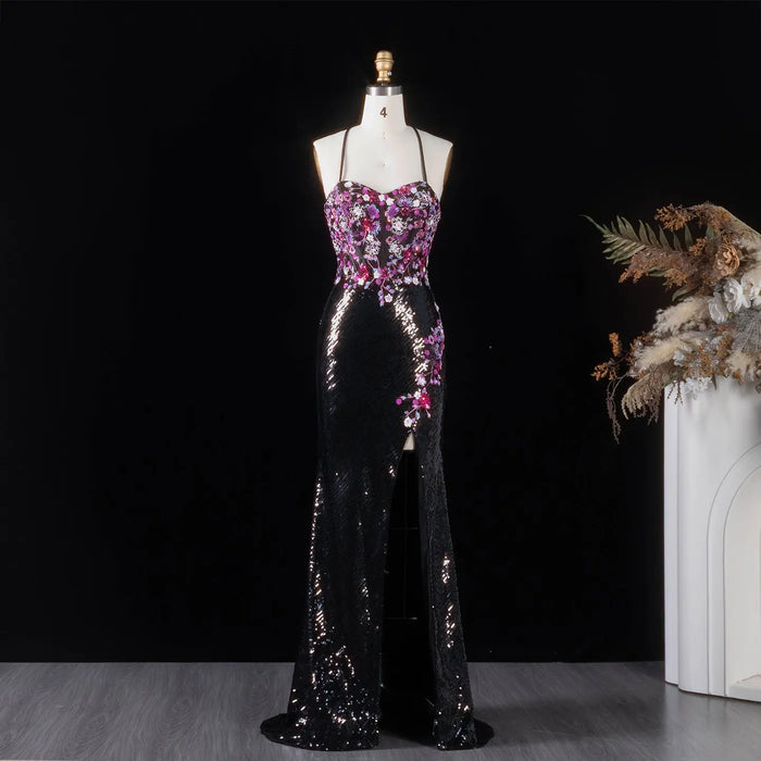 Romantic Black Full Sequin Multi-Tone Rhinestone Flower Fitted Prom Dress SH186 Sheer Fairy