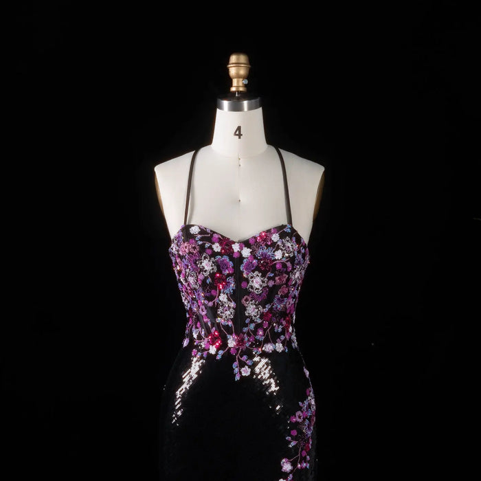 Romantic Black Full Sequin Multi-Tone Rhinestone Flower Fitted Prom Dress SH186 Sheer Fairy