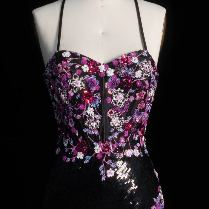 Romantic Black Full Sequin Multi-Tone Rhinestone Flower Fitted Prom Dress SH186 Sheer Fairy