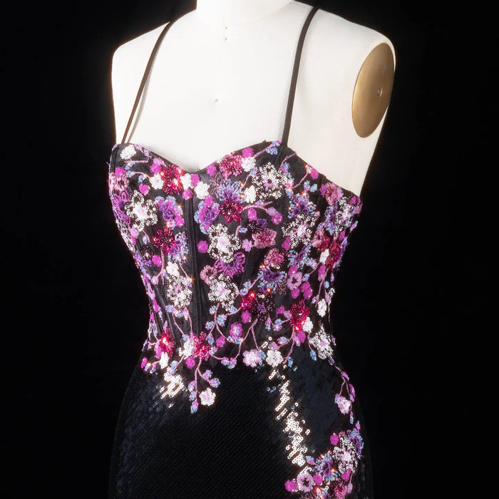 Romantic Black Full Sequin Multi-Tone Rhinestone Flower Fitted Prom Dress SH186 Sheer Fairy
