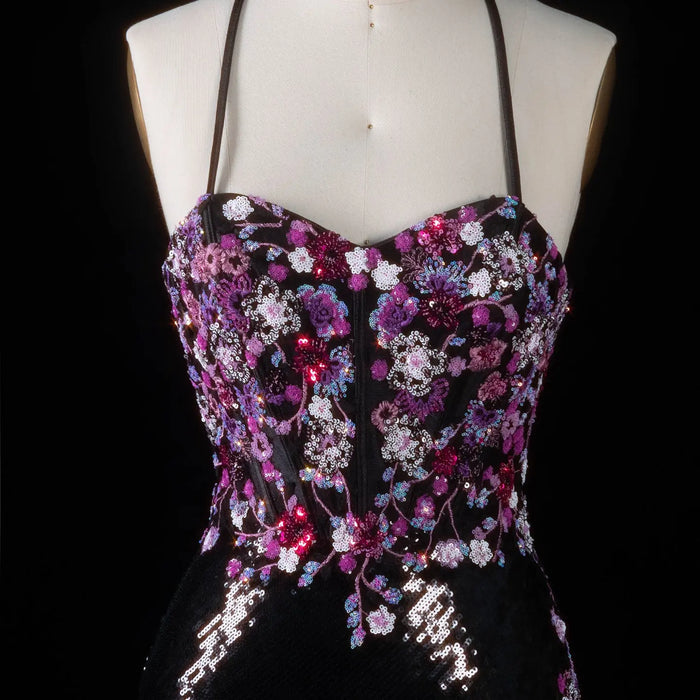 Romantic Black Full Sequin Multi-Tone Rhinestone Flower Fitted Prom Dress SH186 Sheer Fairy
