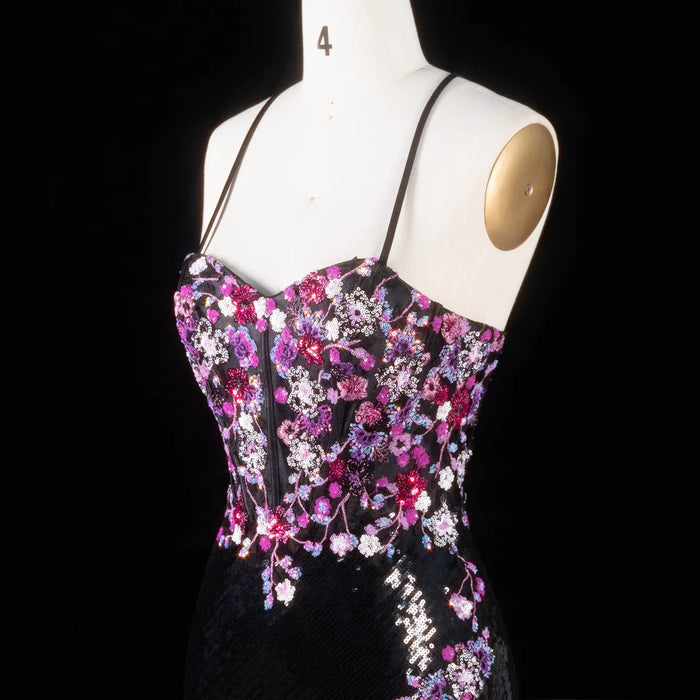 Romantic Black Full Sequin Multi-Tone Rhinestone Flower Fitted Prom Dress SH186 Sheer Fairy