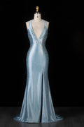 Romantic Blue Open Back Prom Dress with Slit SH185 Sheer Fairy