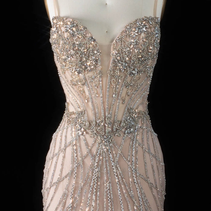 Romantic Champagne Spaghetti Strap All Over Stream Crystal Prom Dress SH194 Sheer Fairy