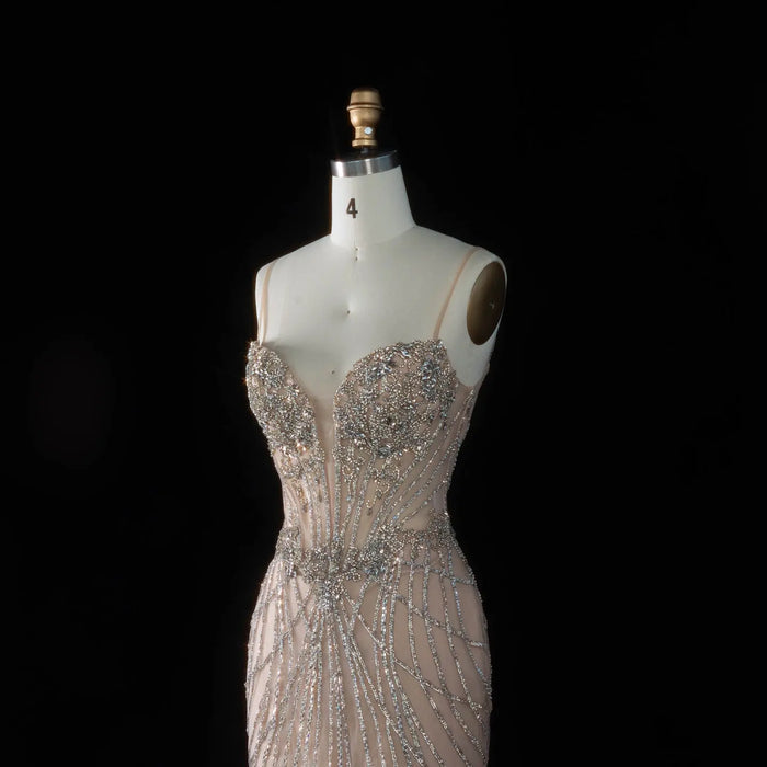 Romantic Champagne Spaghetti Strap All Over Stream Crystal Prom Dress SH194 Sheer Fairy