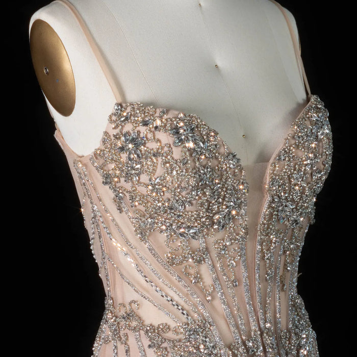 Romantic Champagne Spaghetti Strap All Over Stream Crystal Prom Dress SH194 Sheer Fairy