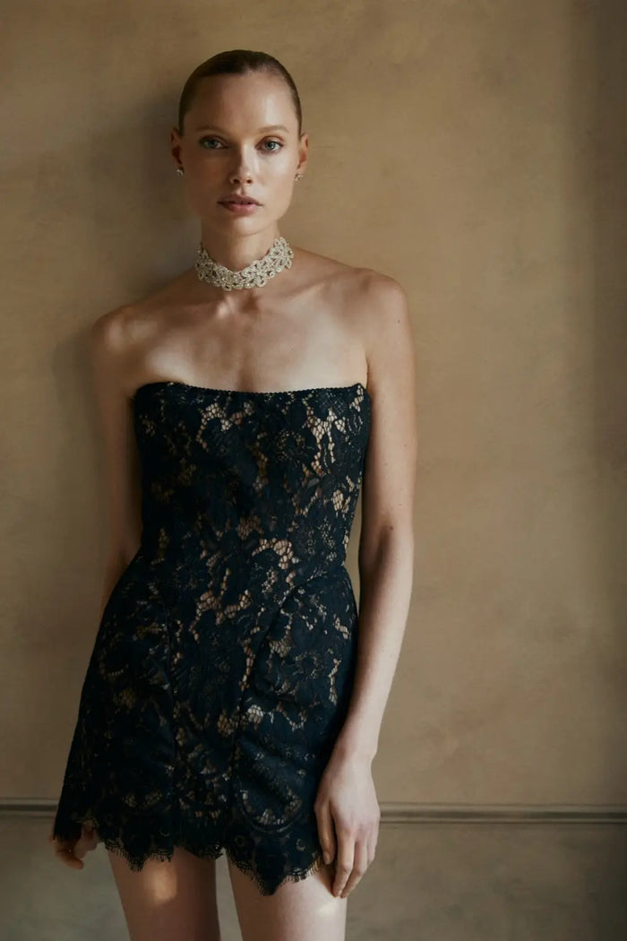 Romantic Strapless Black Lace Homecoming Dress with Floral Details RM223 Sheer Fairy