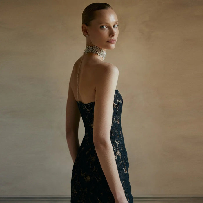 Romantic Strapless Black Lace Homecoming Dress with Floral Details RM223 Sheer Fairy