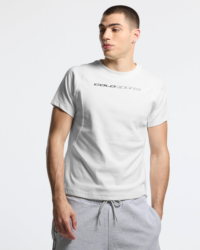 RUN CLUB TEE WHITE - white fitted sport tee, front view on male model - Cold Culture #man