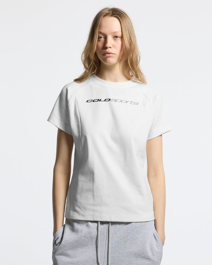 RUN CLUB TEE WHITE - white fitted sport tee, front view on female model - Cold Culture #woman
