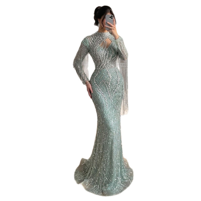 Sage Green Beaded Mermaid Evening Dress with Ruffle Shoulder LA73657 SERENE HILL