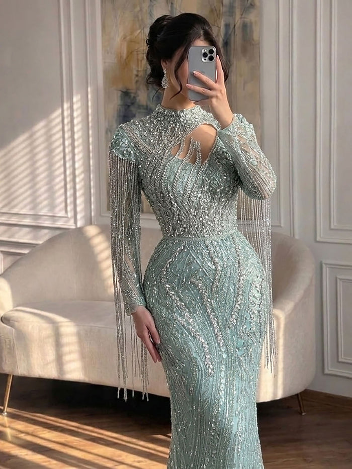 Sage Green Beaded Mermaid Evening Dress with Ruffle Shoulder LA73657 SERENE HILL