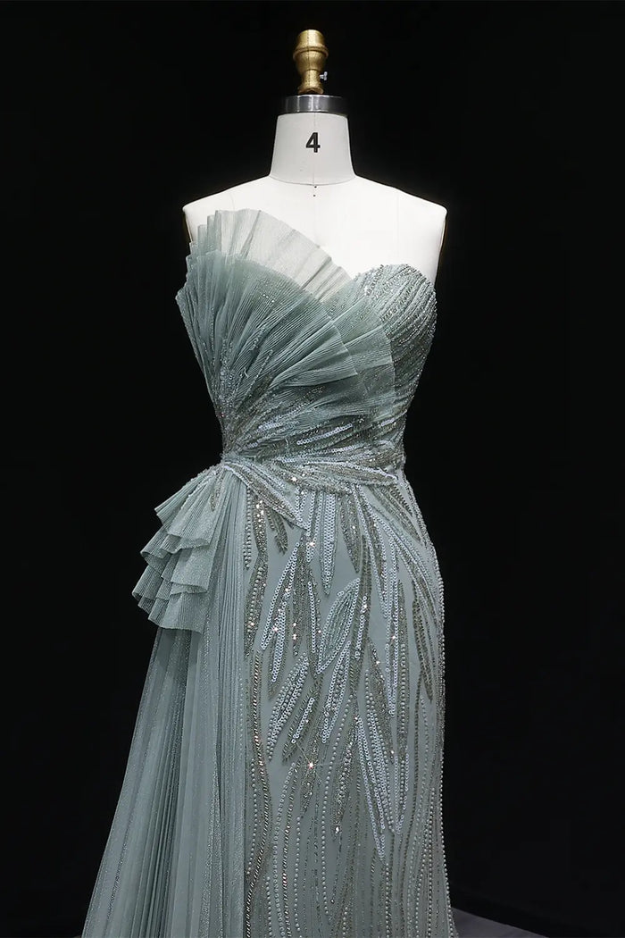 Sage Green One-Shoulder Beaded Tulle Mermaid Prom Dress Evening Gown with Ruffle SH064 Sheer Fairy