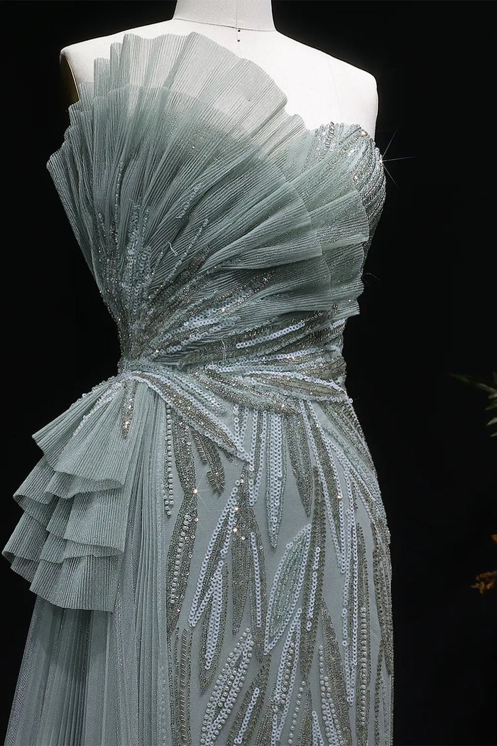 Sage Green One-Shoulder Beaded Tulle Mermaid Prom Dress Evening Gown with Ruffle SH064 Sheer Fairy