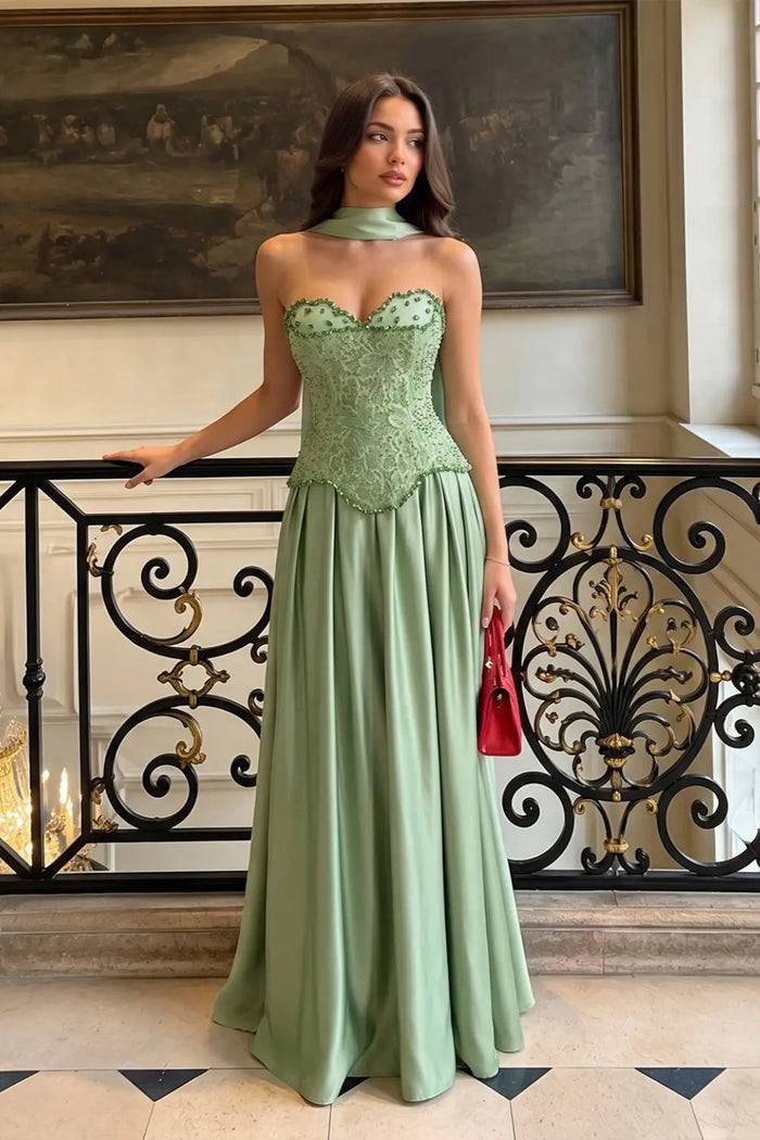 Sage Green Strapless Lace Corset Satin Maxi evening dress ST002 Sheer Fairy